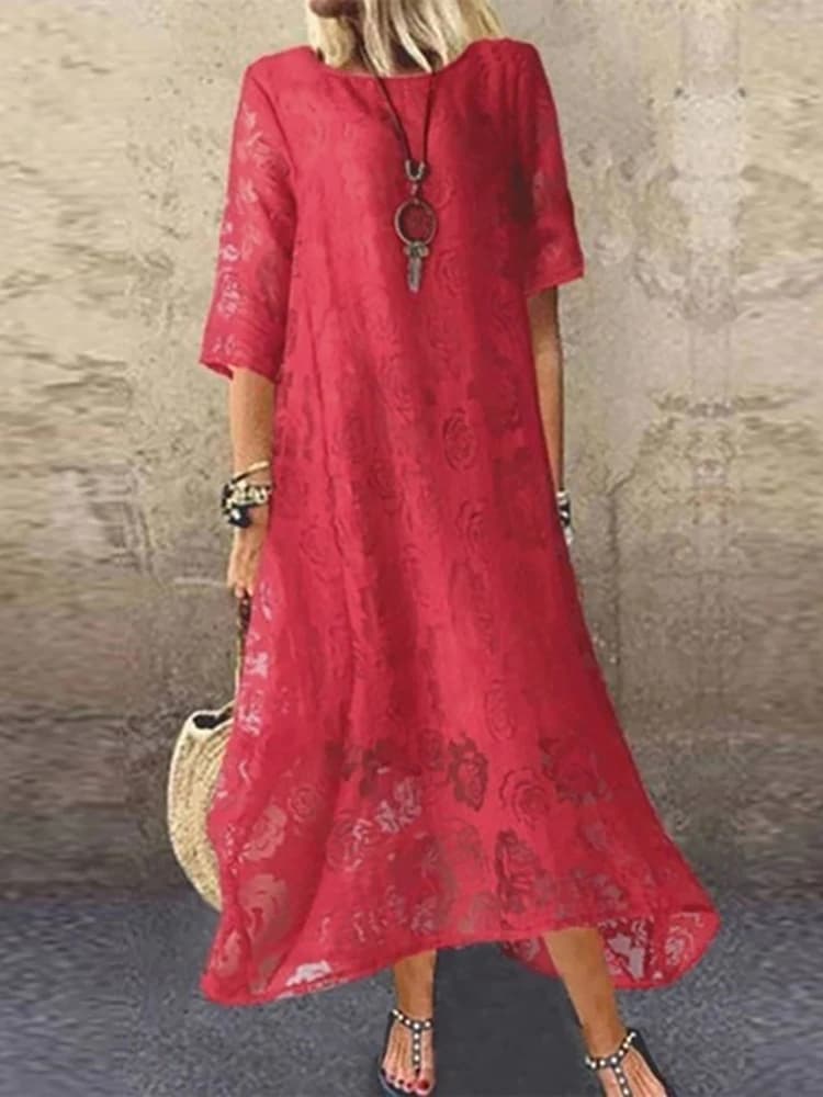 Robe longue en dentelle ajourée pour femme, couleur unie, manches mi-longues, tennis, broderie flora
