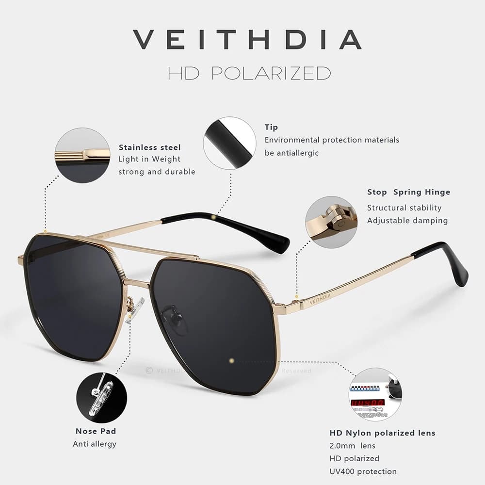 VEITHDIA-Lunettes de soleil vintage polarisées pour homme et femme, verres carrés en nylon, style ré