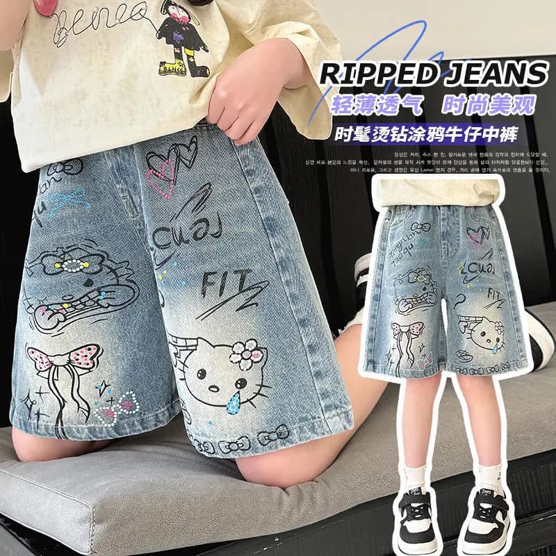 Shorts en jean mignons Sanrio, style décontracté, imprimé Hello Kitty, nouvelle collection, pour enf