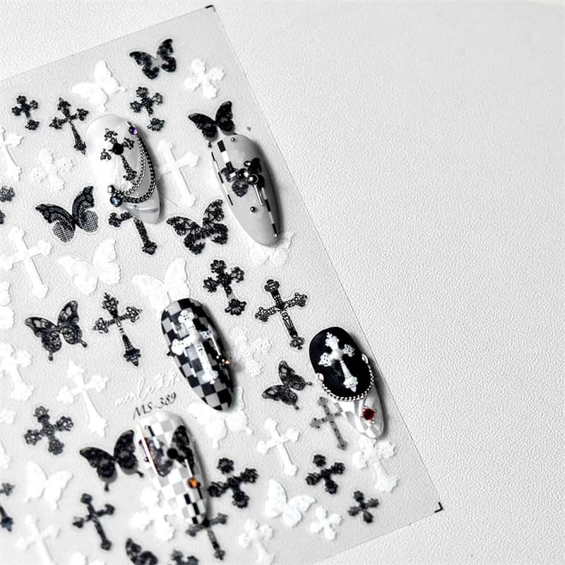 Femme Sexy noir blanc dentelle papillon croix 5D doux en relief Relief auto-adhésif Nail Art décorat