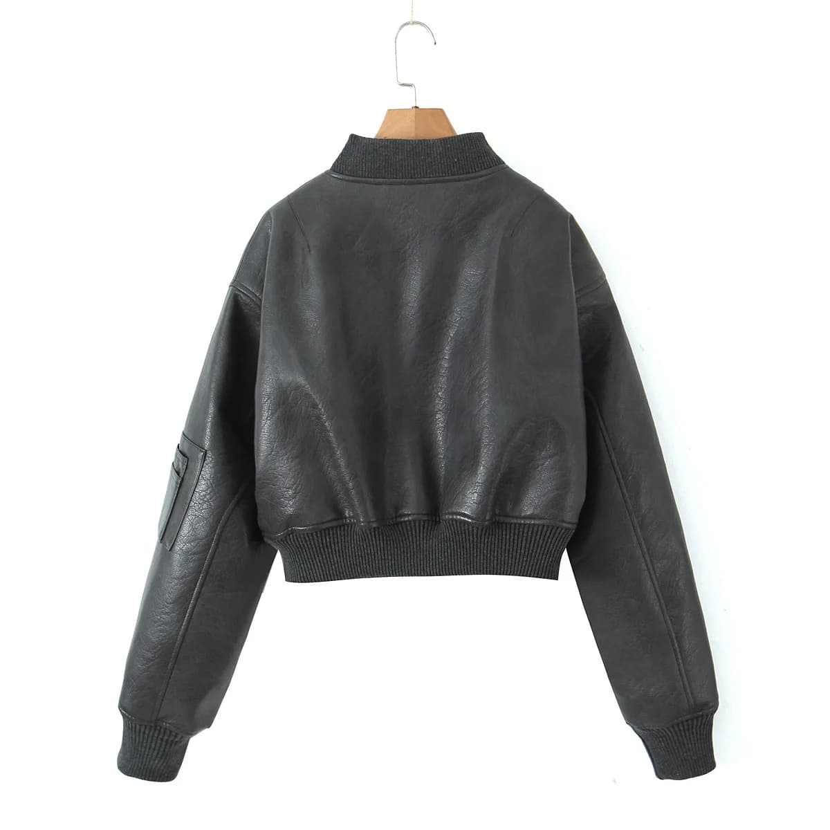 Y2K-Blouson en Cuir PU pour Femme, Col en V Côtelé, Manches sulf, Fermeture Éclair, Manteau Matelass