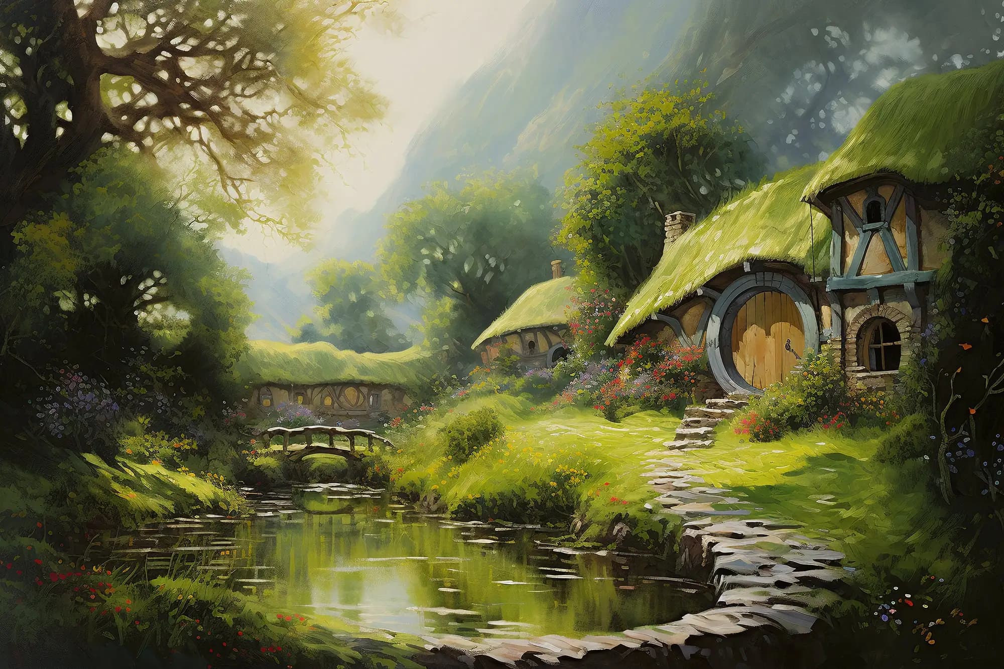 H-Hobbit maison toile peinture Art impression, Shire paysage mur Art, Nature campagne fantaisie pour