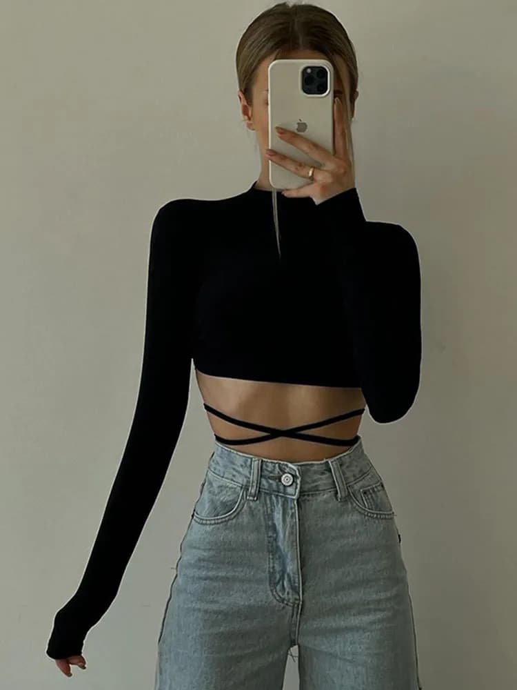 T-shirt manches longues col rond femme noir, sexy, dos nu, à lacets, slim, court, automne