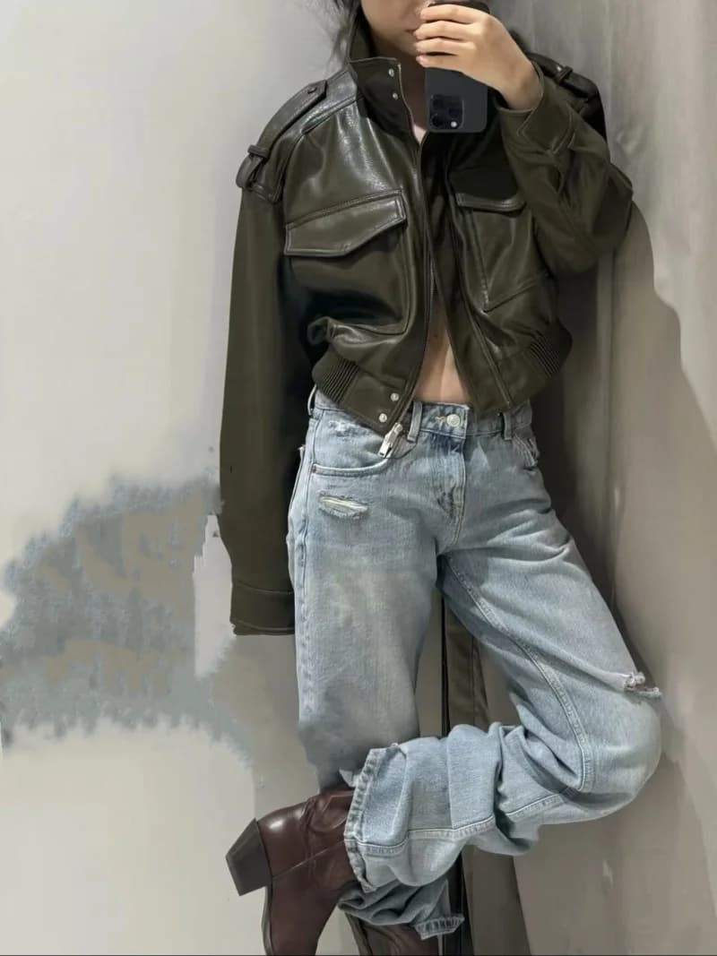 ETJ 2025 Nouvelle collection femme : veste courte moto col montant Y2K grande poche veste en simili 