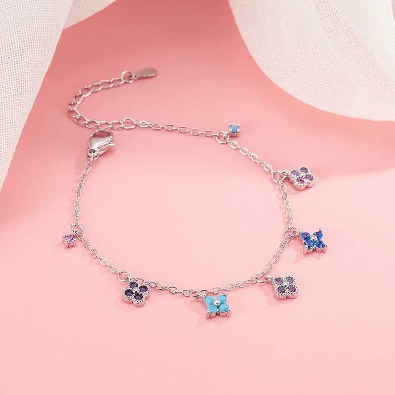 Bracelet et chevillère en argent sterling 925, nouveau, trèfle à quatre feuilles multicolore, diaman