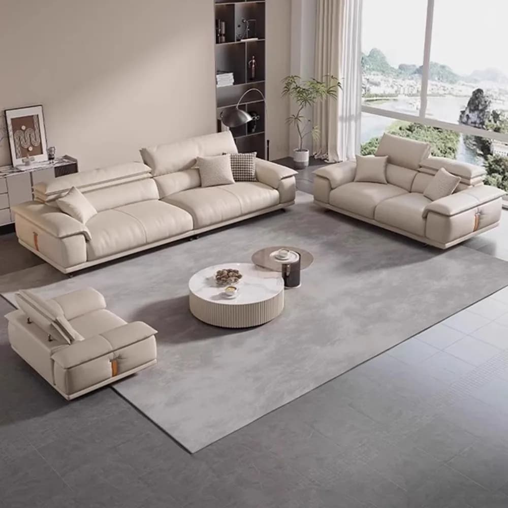 Canapé de salon italien en cuir véritable, canapé de luxe design minimaliste, mobilier familial mode