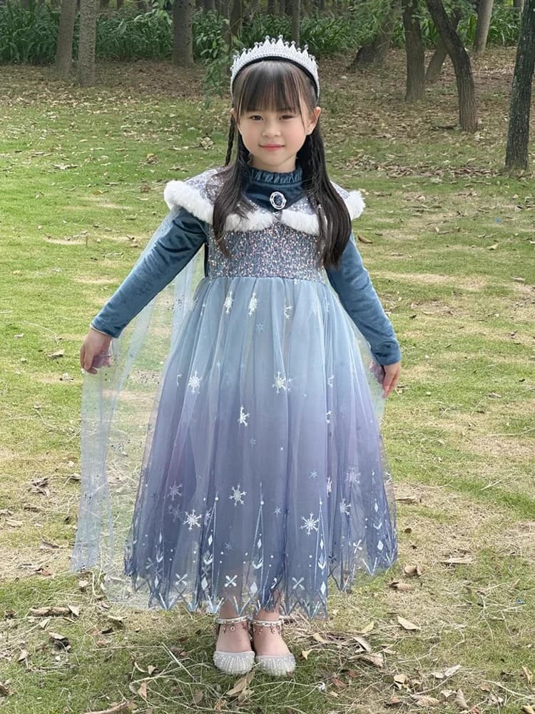 Robe de princesse Elsa la reine des neiges en velours pour filles, ensemble 2 pièces Cape bleue, rob