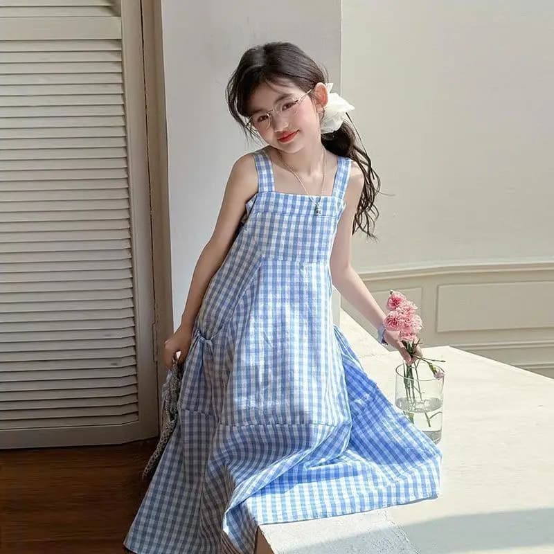 UNITIM – robe d'été sans manches pour filles, en coton, à carreaux bleus, pour enfants de 4 à 14 ans