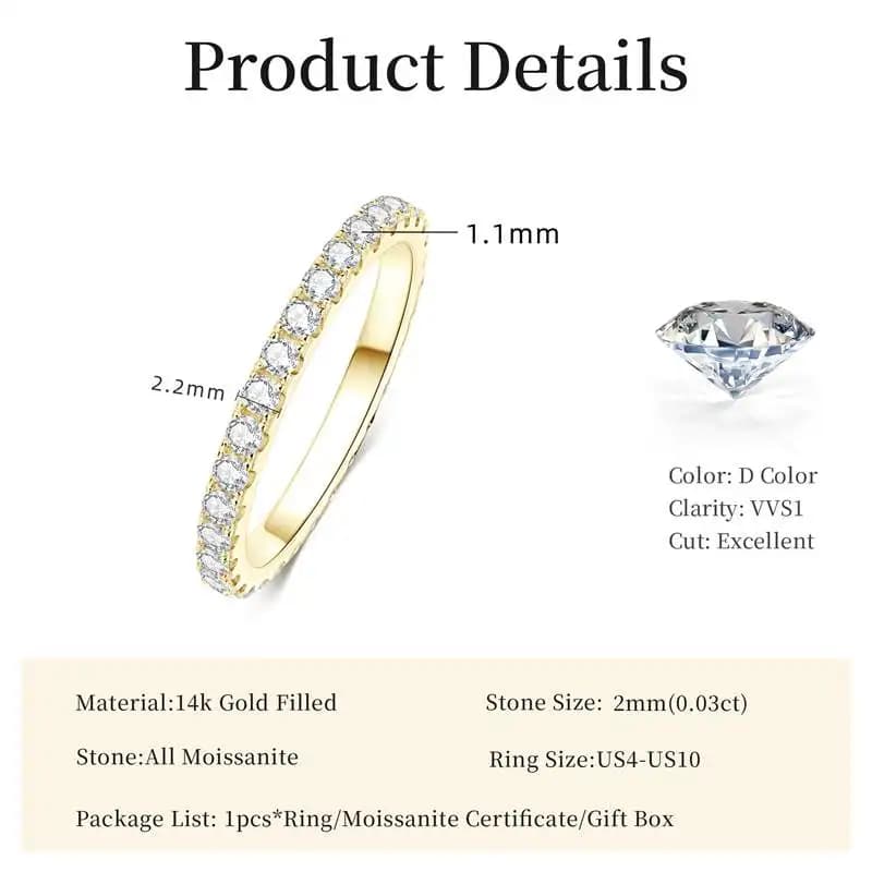 Bague de mariage en or 14 carats pour femmes, certifiée couleur D VVS1, bague d'éternité en moissani