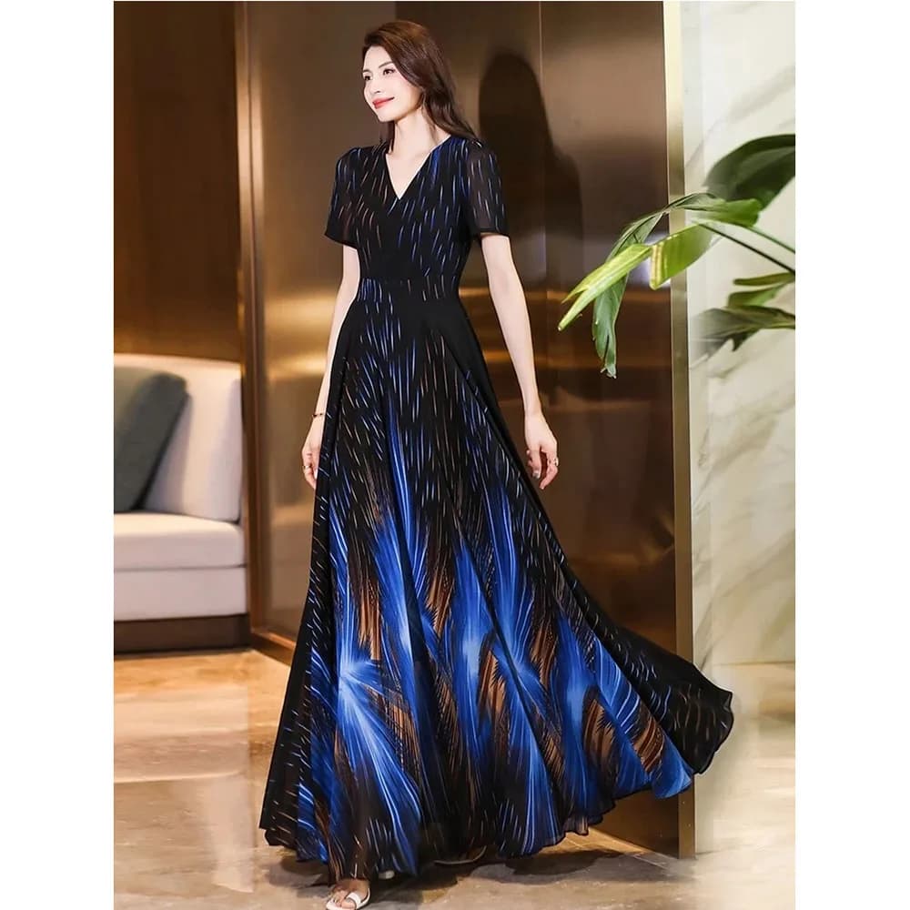 Robe longue en mousseline de soie pour femmes, col en V, mode haut de gamme, grande taille 5XL, slim