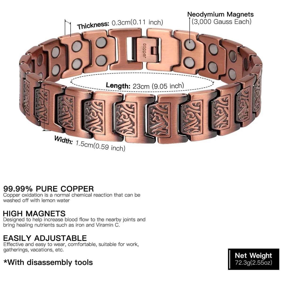 ARADOO Bracelet en cuivre pour hommes pur cuivre néodyme lien magnétique Bracelets bijoux cadeau