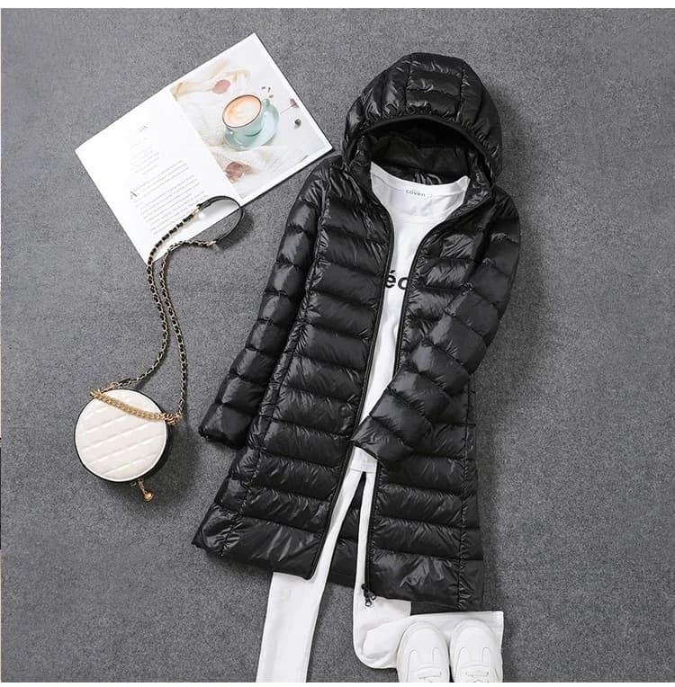 Veste de printemps ultralégère et fine pour femme, longue, pliable, chapeau détachable, jupe cintrée
