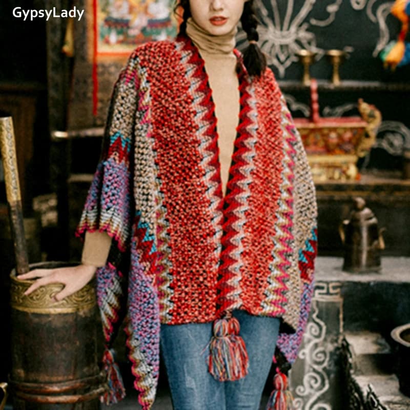 Pouvez-vous psyLady-Poncho Vintage Boho Everaks pour femme, Capes, Top, Floral, Pampilles, Chic, Rou