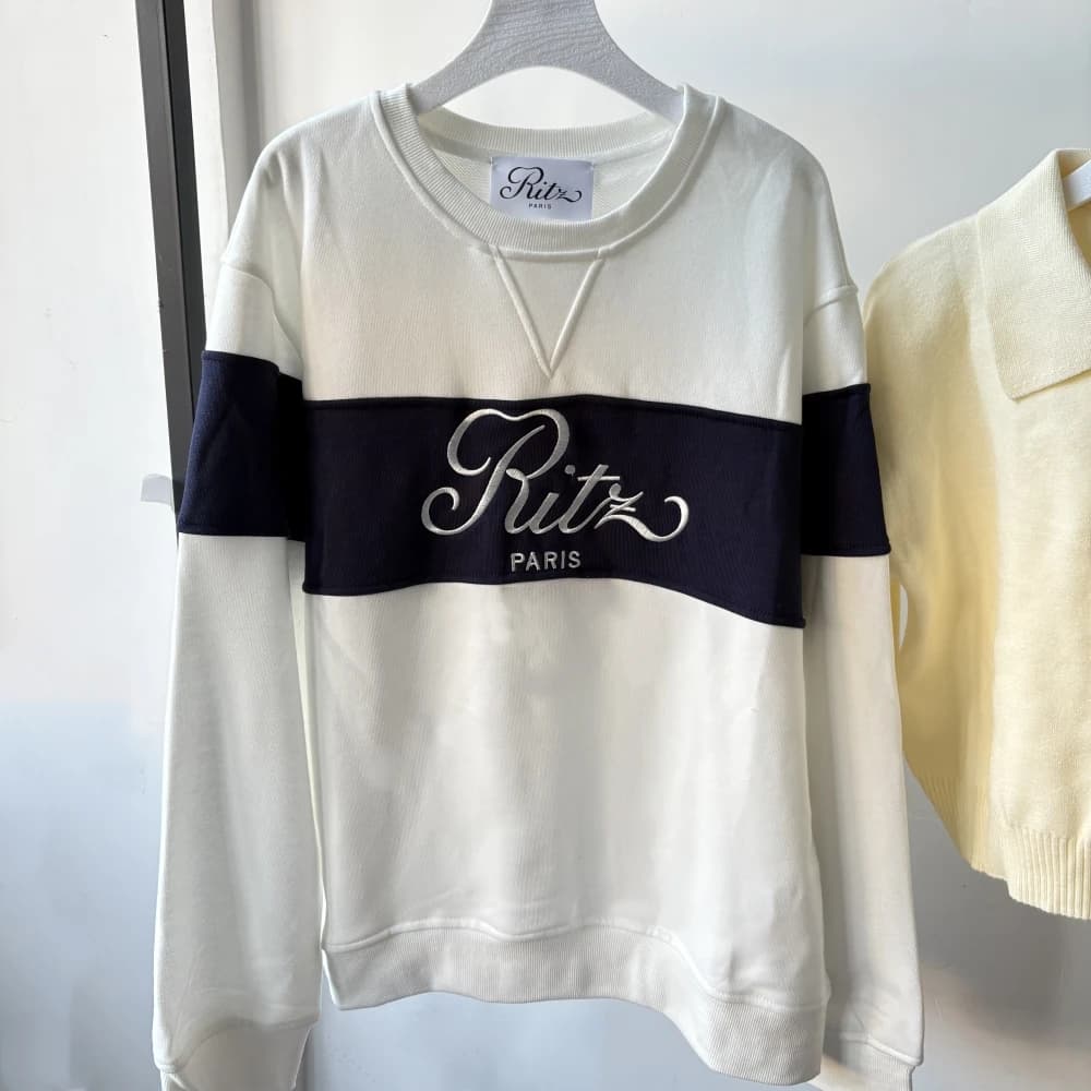 Ritz Paris 2026 – pull à col rond brodé, blanc, bleu foncé, coupe ample, sweat à capuche pour femme,