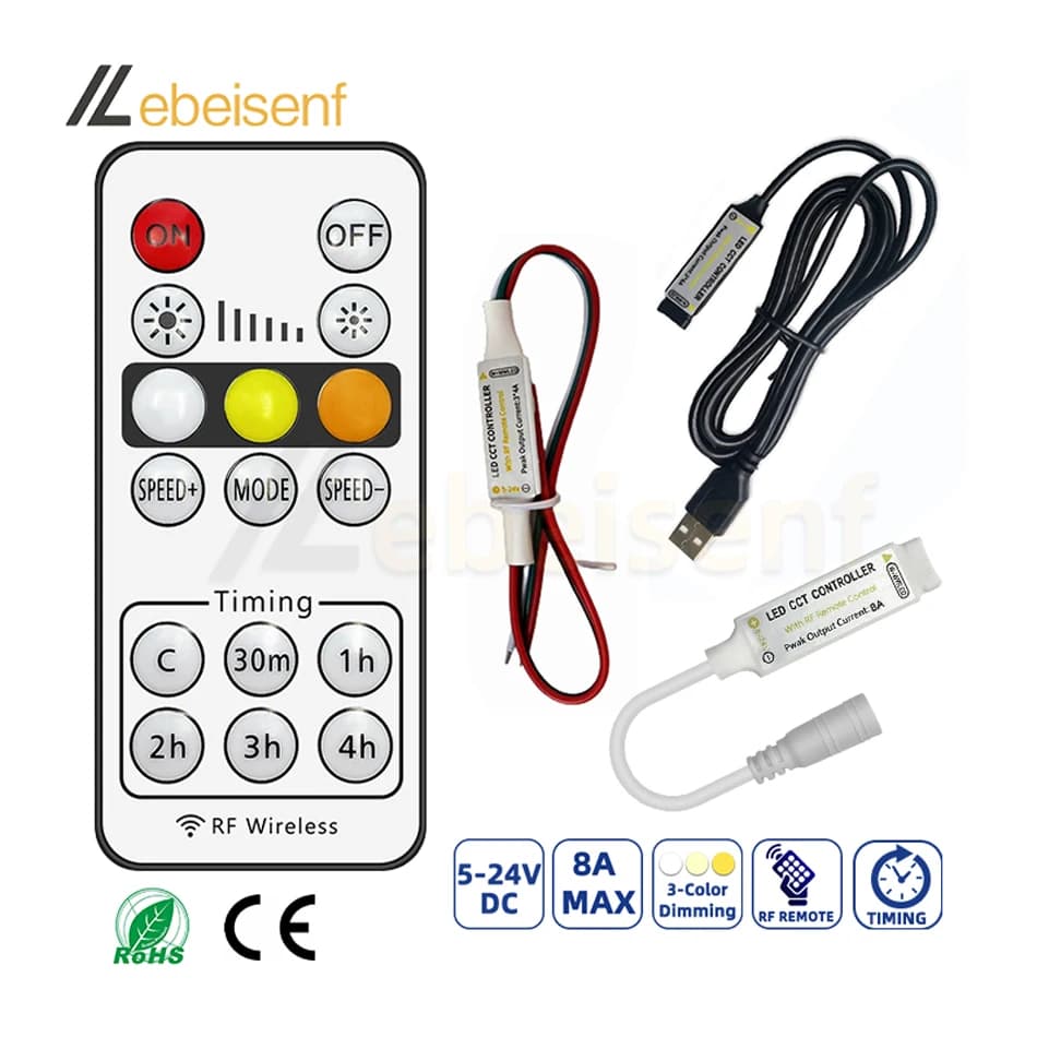 Variateur LED double couleur 5V 12V 24V, télécommande sans fil RF, prise USB DC, 3 broches 2700-6500
