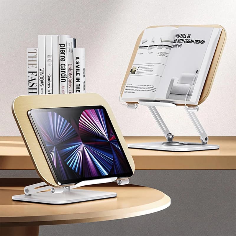 Support de livre de bureau pour lire avec 360 °   Panneau en bois à base rotative et clips de page p