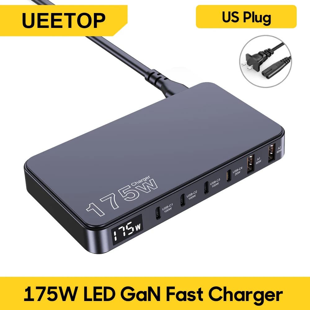 Ueetop 175W GaN USB C chargeur LED affichage 6 ports chargeur de bureau Type C PD 100W PPS 45W charg