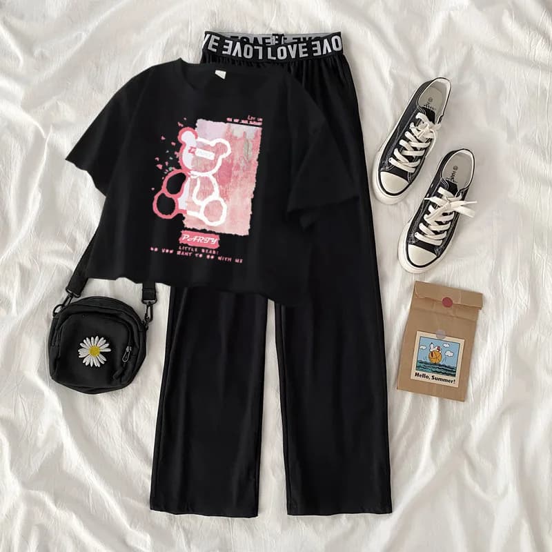 Ensemble de vêtements d'été pour filles de 5 à 14 ans, hauts et pantalons à la mode, ours de dessin 