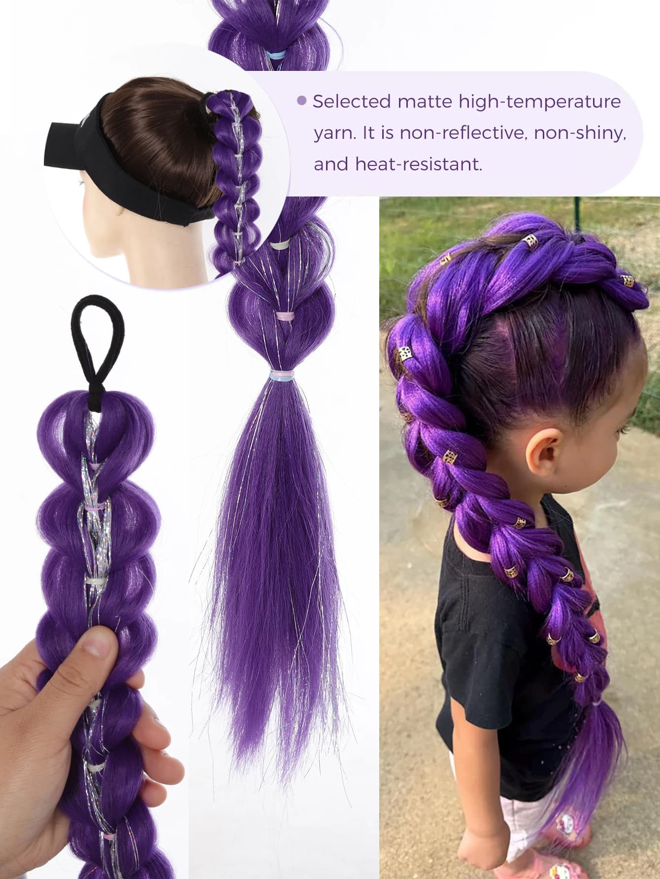 32 pouces tressé violet cheveux queue de cheval avec guirlandes perruque Super Extensions brillant g