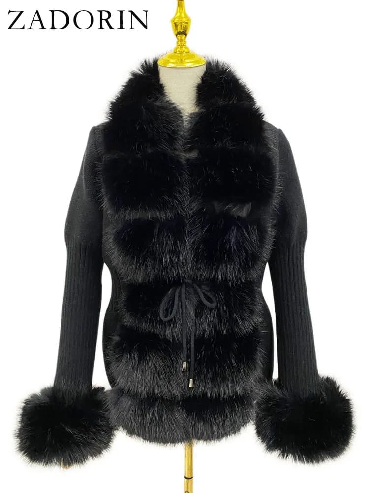 ZADORIN luxe fourrure Cardigan tricot hiver pull femmes élégant détachable fourrure ceinture blanc r