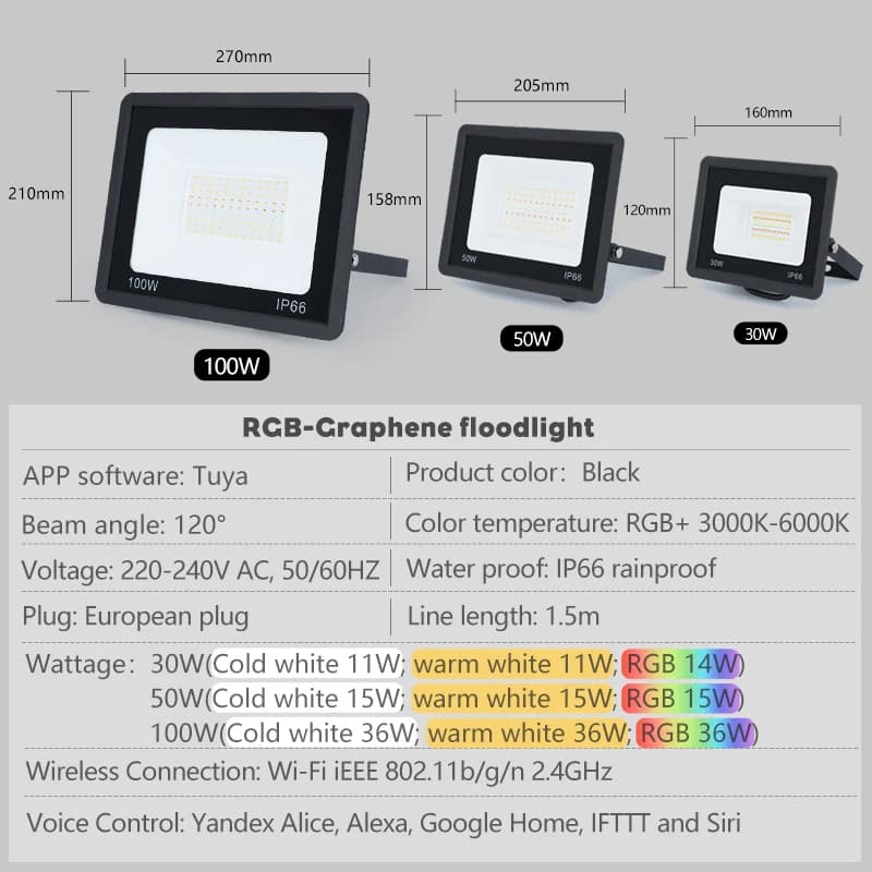TUYA RGB Projecteur Smart APP Contrôle Vocal RGBCW CCT 3000-6500K 30W 50W 100W 220V AC Pour Garden P