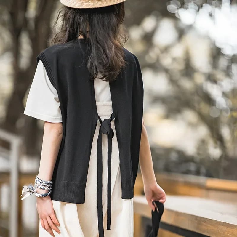 Maden – gilet tricoté sans manches pour femmes, décontracté, col en v, Vintage, noir, pull à lacets,