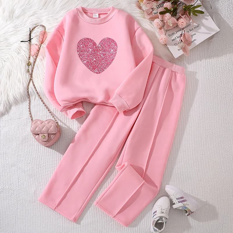 Ensemble de vêtements chauds pour enfants, couleur unie, imprimé cœur, haut et pantalon, sport décon