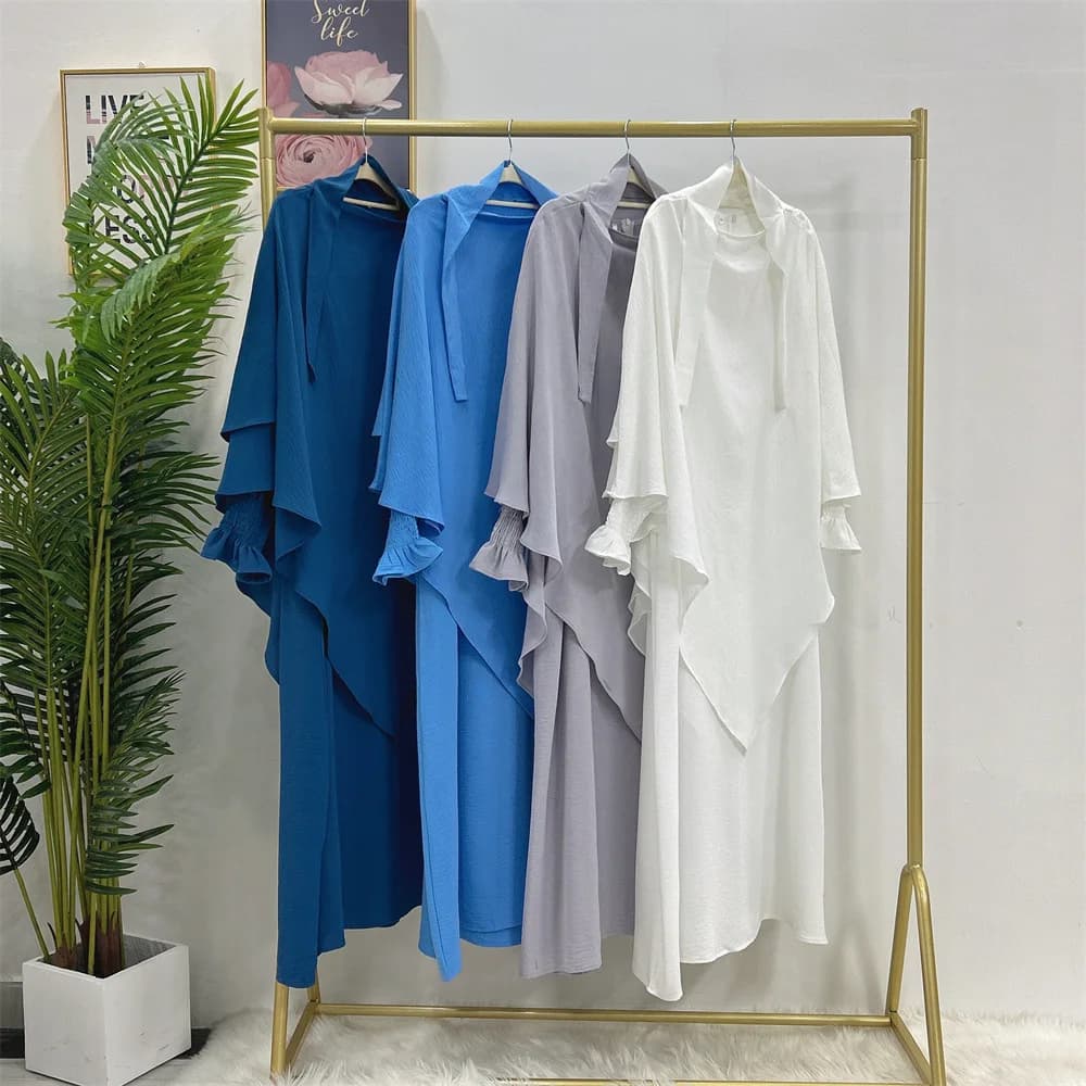 Ensemble Abaya Hijabi Khimar, robe Abaya ample à poignets smockés + foulard hijab à 2 couches, vêtem