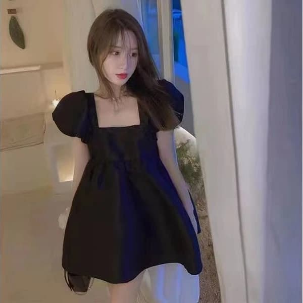 Mini robe de Rhà manches bouffantes pour femmes, robes de princesse noires douces, style français, t