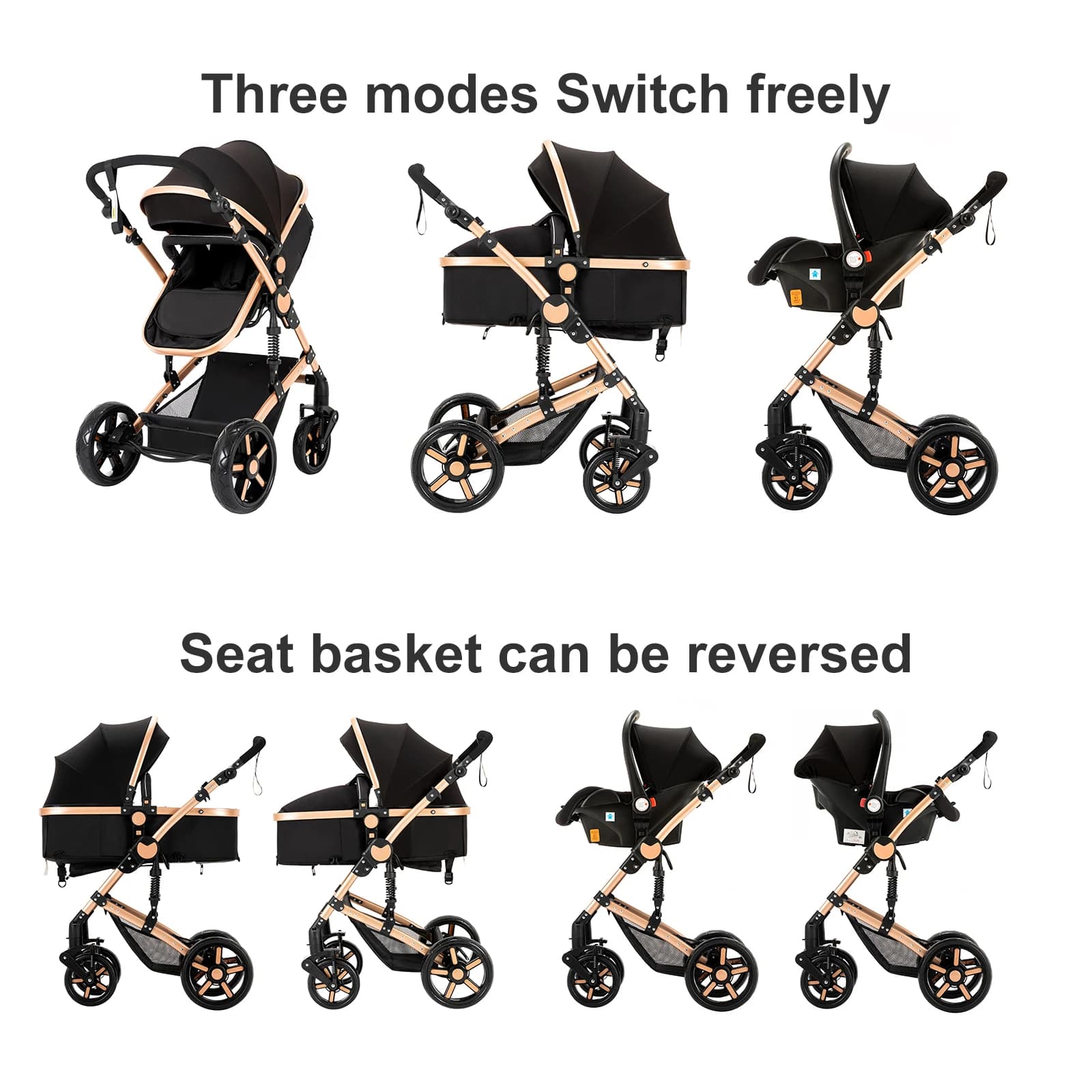 Poussette de luxe avec système de voyage pour bébé avec mousqueton et siège auto – Pliage rapide à u
