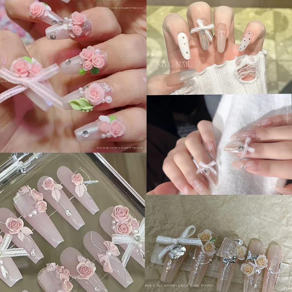 20 pièces nœud en dentelle et 30 pièces 3D taille mixte perle résine fleur Rose Rose breloques pour 