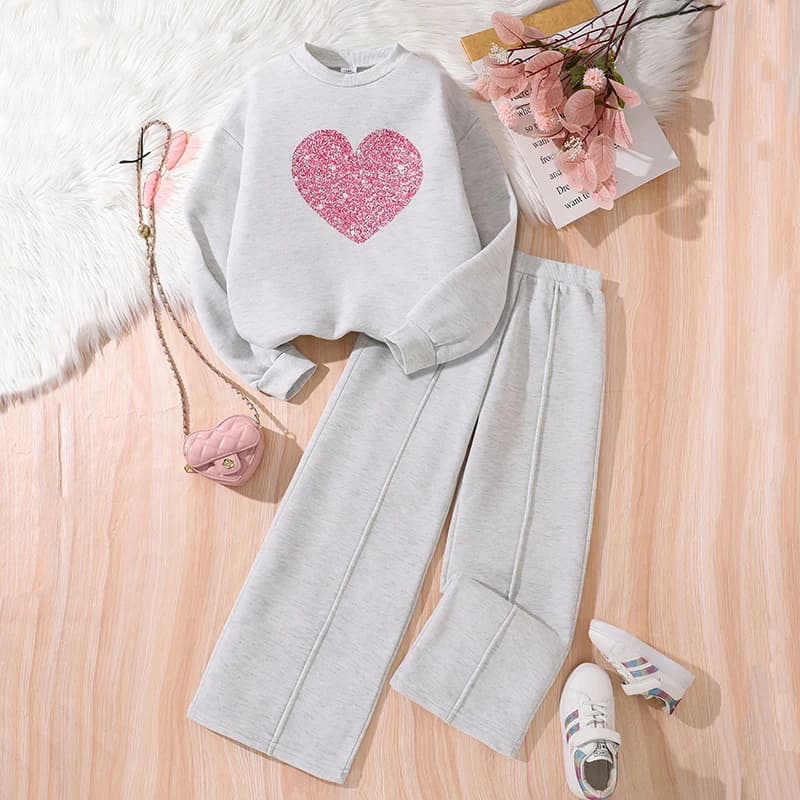 Ensemble de vêtements chauds pour enfants, couleur unie, imprimé cœur, haut et pantalon, sport décon