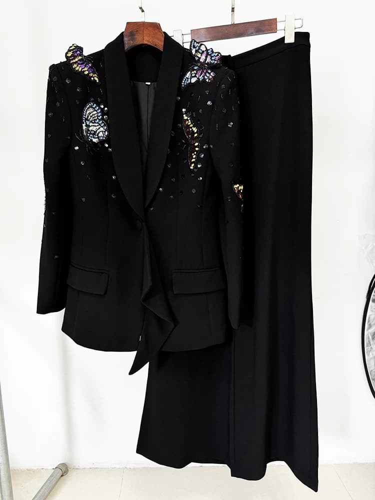 Blazer perlé papillon 3D pour femme, ensemble pantalon large, nouvelle mode, designer, piste trempée