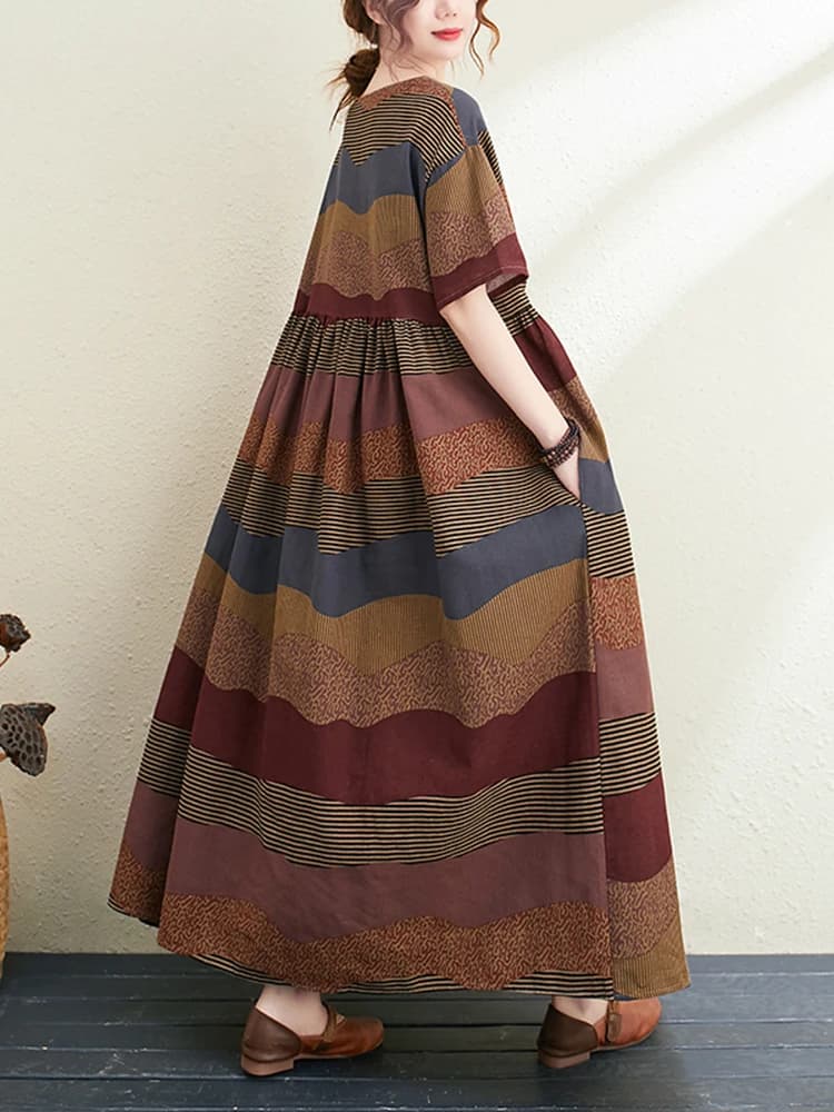 Nouvelle Robe Longue d'Été 2026 en Coton et Lin à Manches Courtes, Imprimé Rayé Vintage, Élégante po
