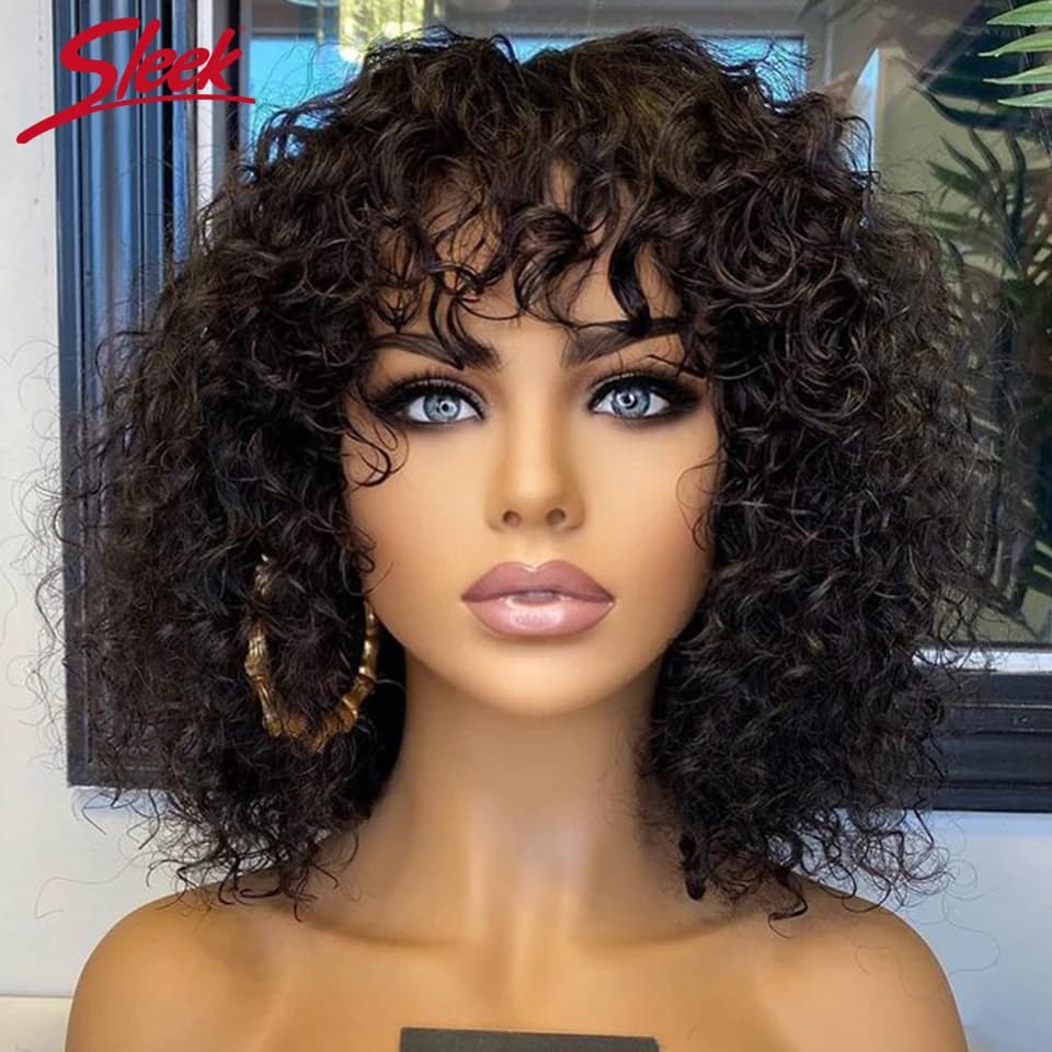 Jerry bouclés court Pixie Bob coupe perruques de cheveux humains avec frange sans colle perruque met