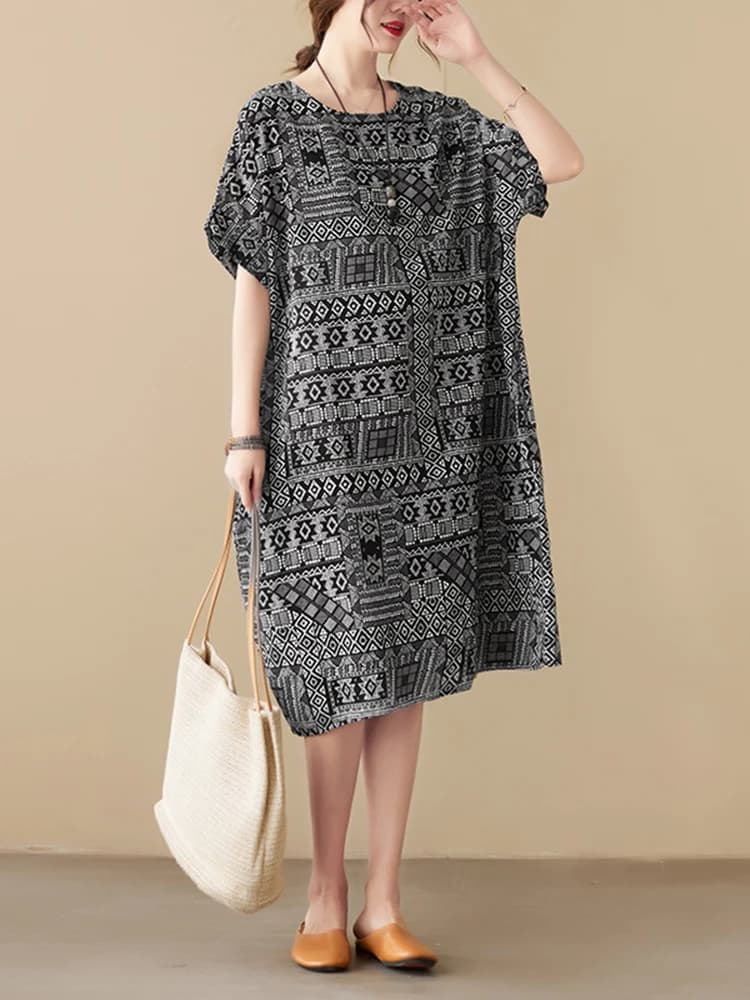 Robes midi d'été décontractées et amples pour femmes, en coton et lin, à manches courtes, imprimé vi