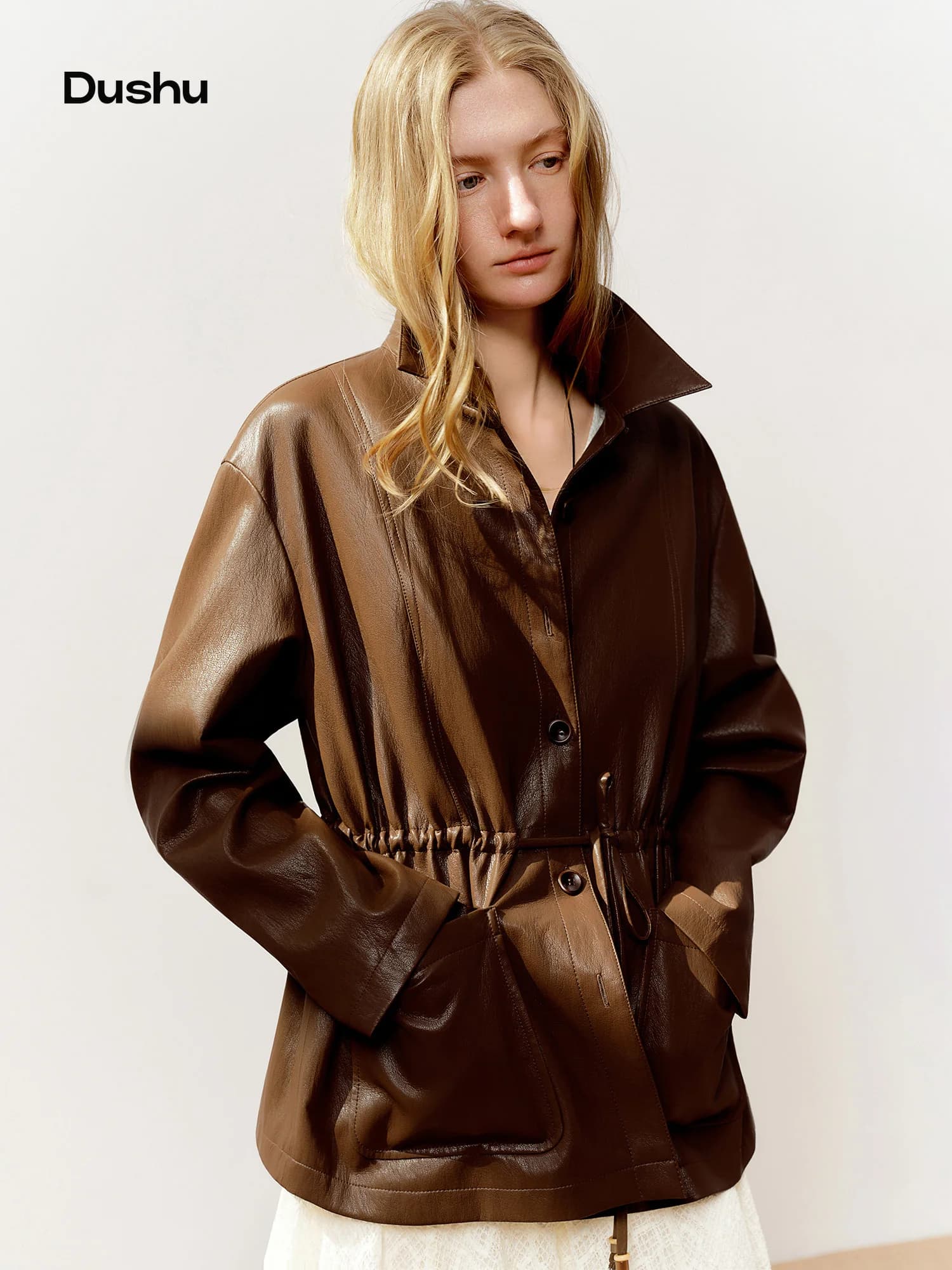 Veste en cuir oversize à taille élastiquée pour femme DUSHU 2026 - Coupe flatteuse, style moto, vest