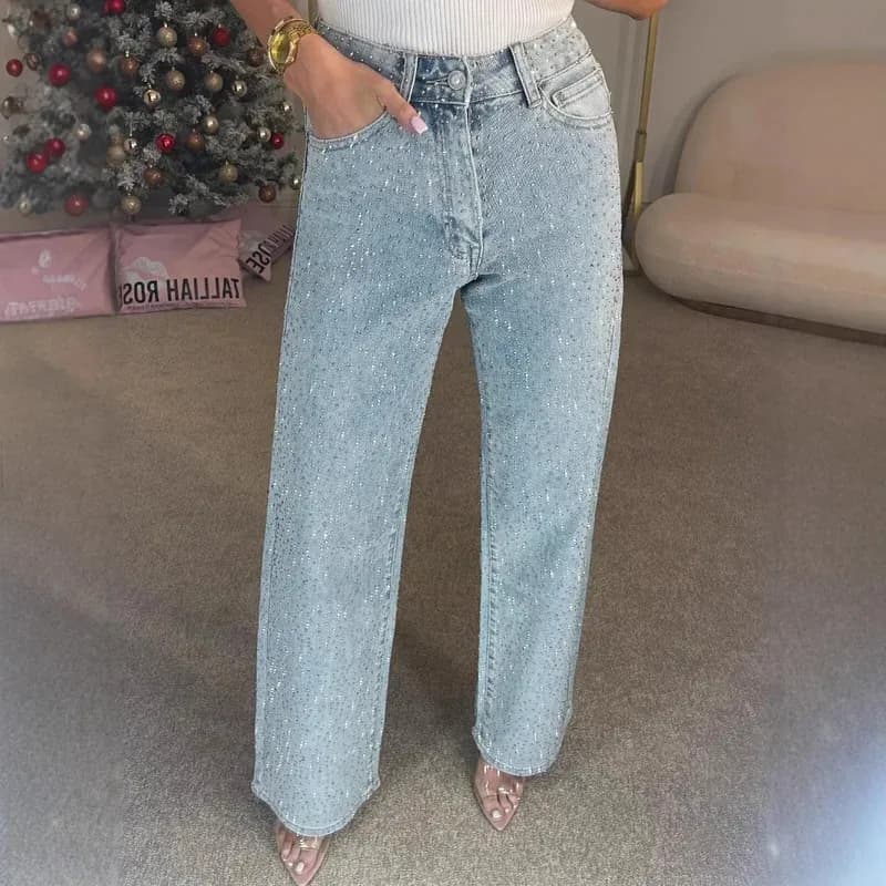 2025 femmes jean droit diamants pantalon Stretch taille haute lavé maman jean Y2k Streetwear pantalo
