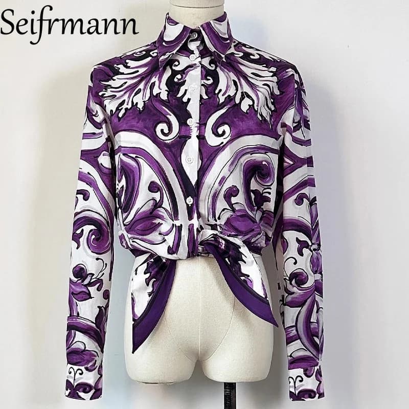Seifrmann élégant femmes hauts col rabattu simple boutonnage à manches longues mode imprimé chemise 