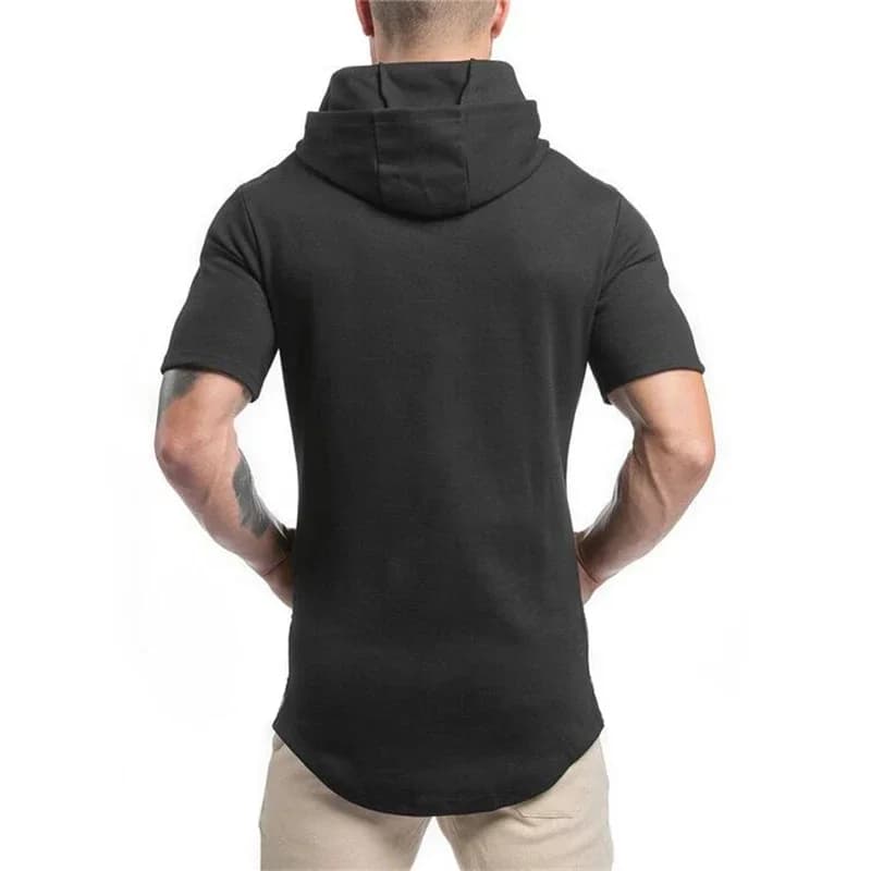 T-shirt à capuche en coton pour homme, coupe slim, respirant, à manches courtes, pour la musculation
