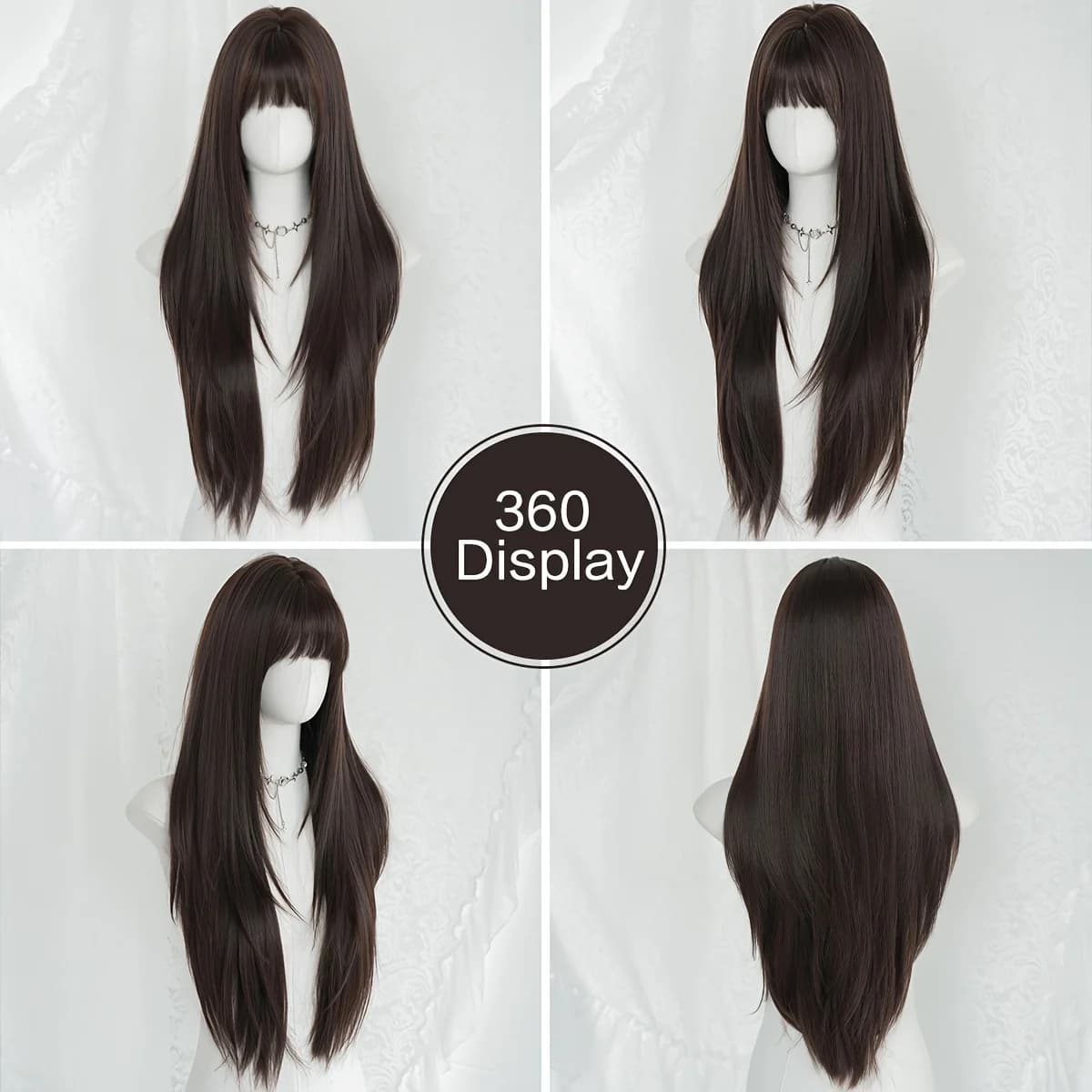 Perruque de rotine longue et lisse brune avec frange, perruques synthétiques à haute couche de densi