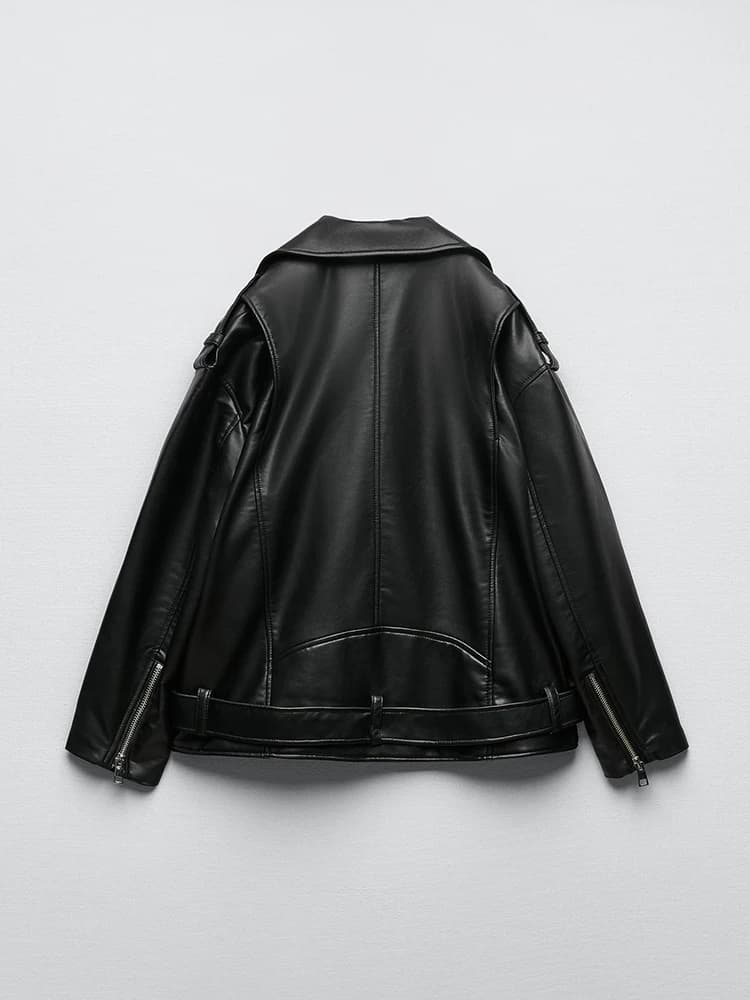 Ailegogo femmes ample moto motard noir Pu Faux cuir veste avec ceinture printemps automne femme mant