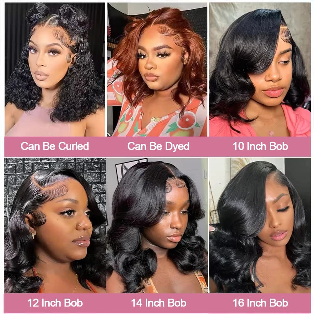 Perruque courte bob ondulée 13x4, 250% de densité, cheveux humains brésiliens 100%, sans colle, pré-