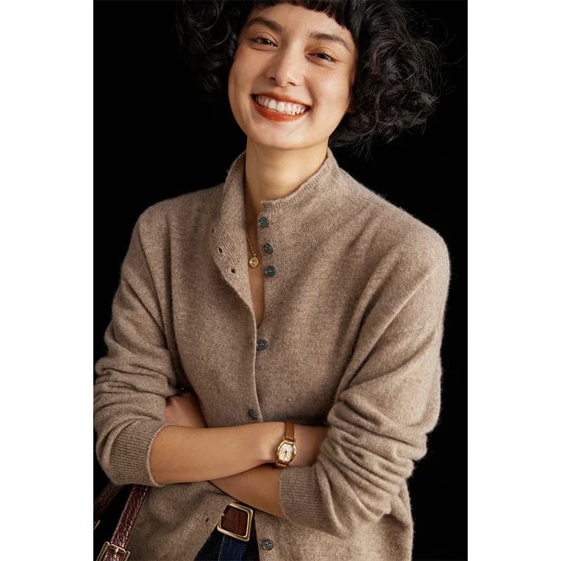 Cardigan en laine pour femmes, coupe cintrée, col Semi-haut, couleur unie, manches longues, pull tri