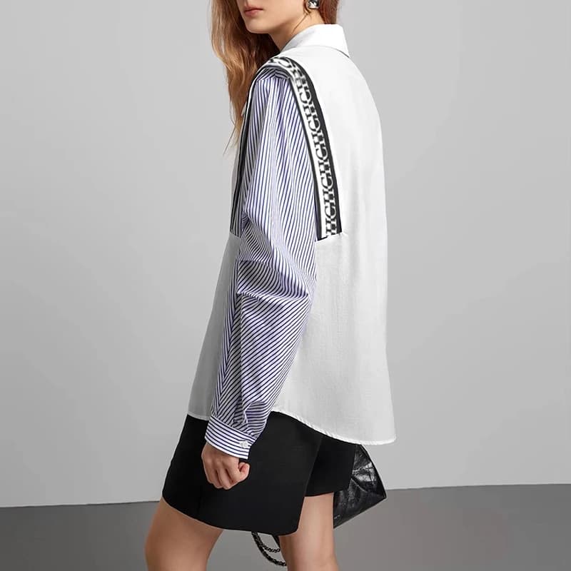 CHCH-Chemise à Manches sulfpour Femme, Haut Décontracté, Confortable, Simple, Rayé, Patchwork, Bleu 