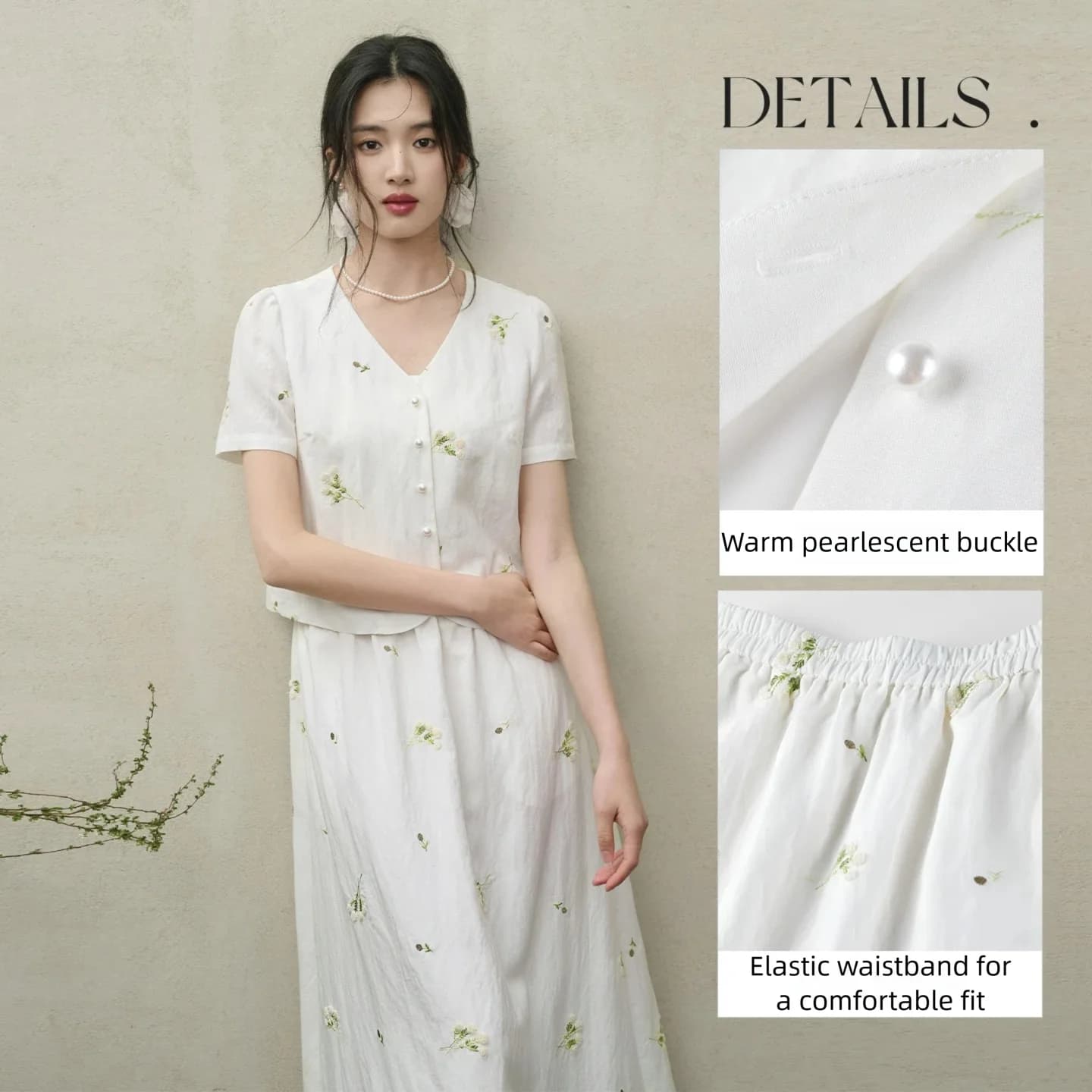 Ensemble deux pièces brodé floral SENTUBILA pour femme, haut court à col en V avec boutons nacrés et