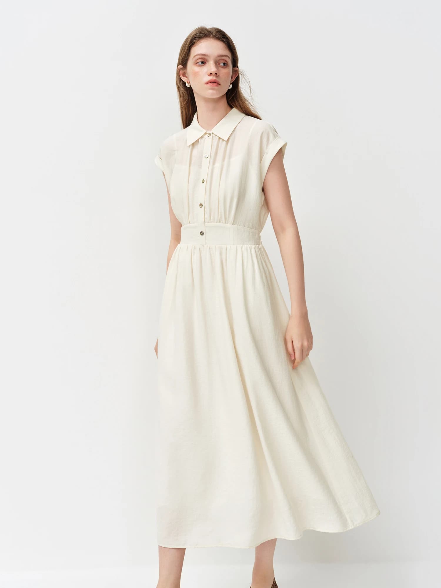 Robe mi-longue en lin coupe trapèze à col rabattu sans manches et taille ajustée en tissu Lyon, nouv