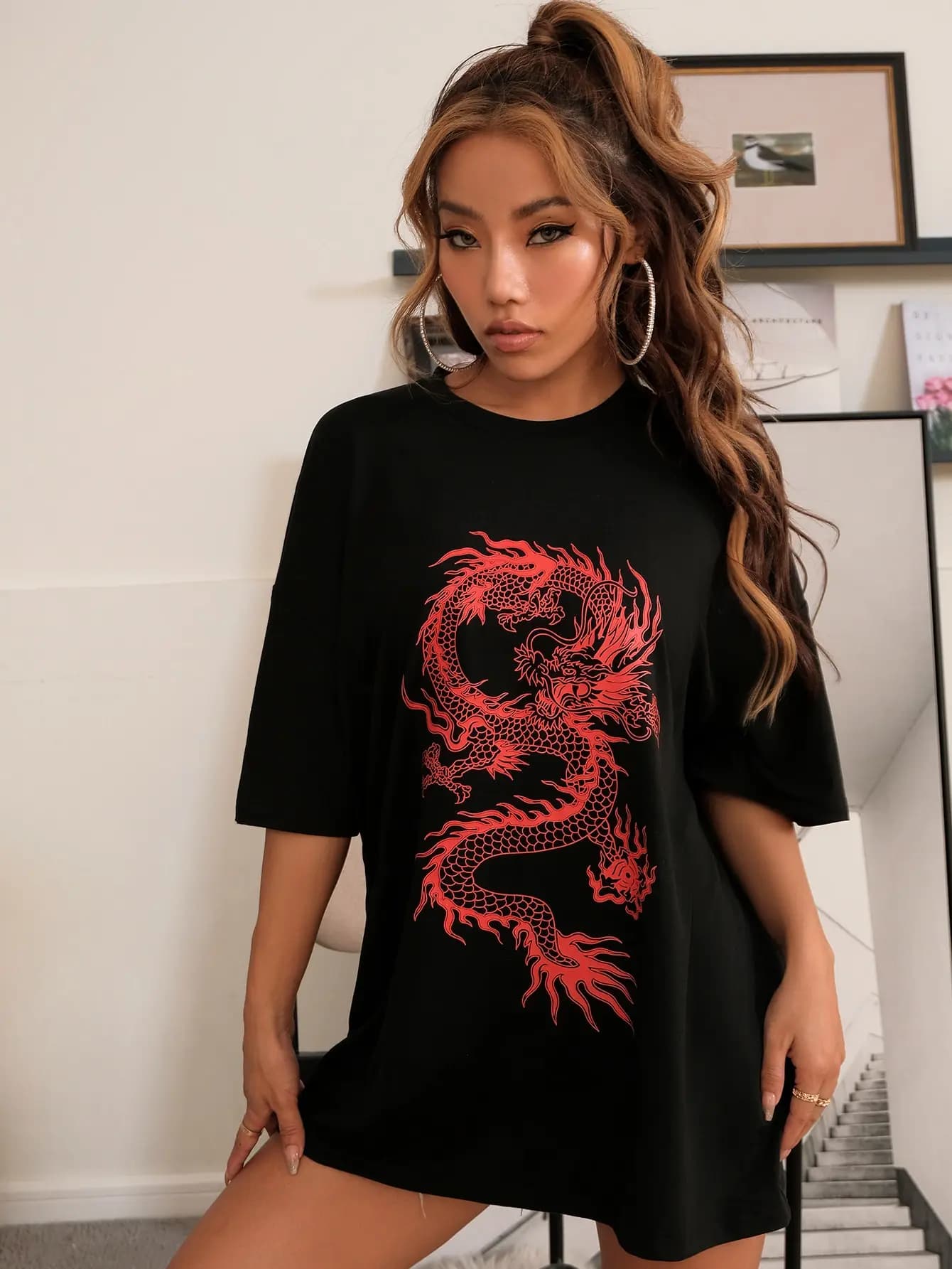 T-shirt manches courtes femme 100% coton, estival et surdimensionné, avec motif dragon rouge chinois