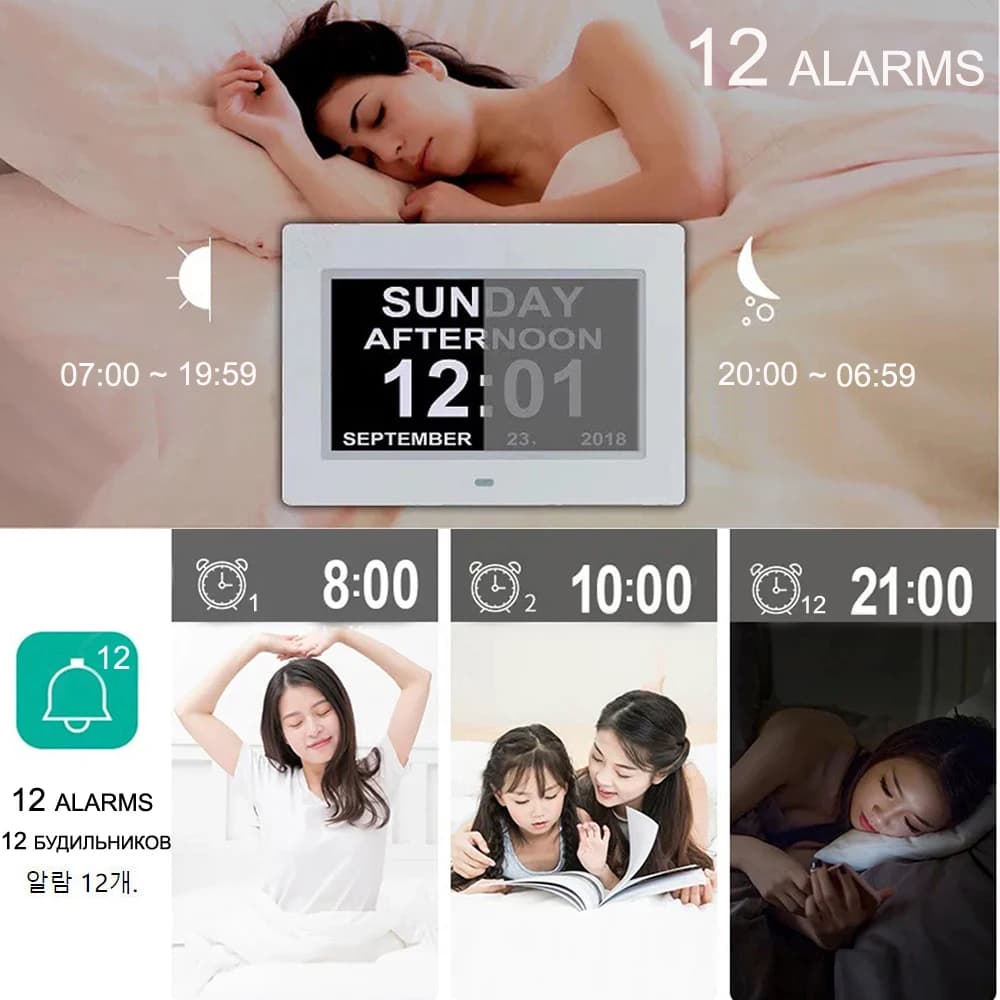 Horloge de calendrier LED avec 12 groupes d'horloges d'alarme réglables. Idéal pour les personnes âg