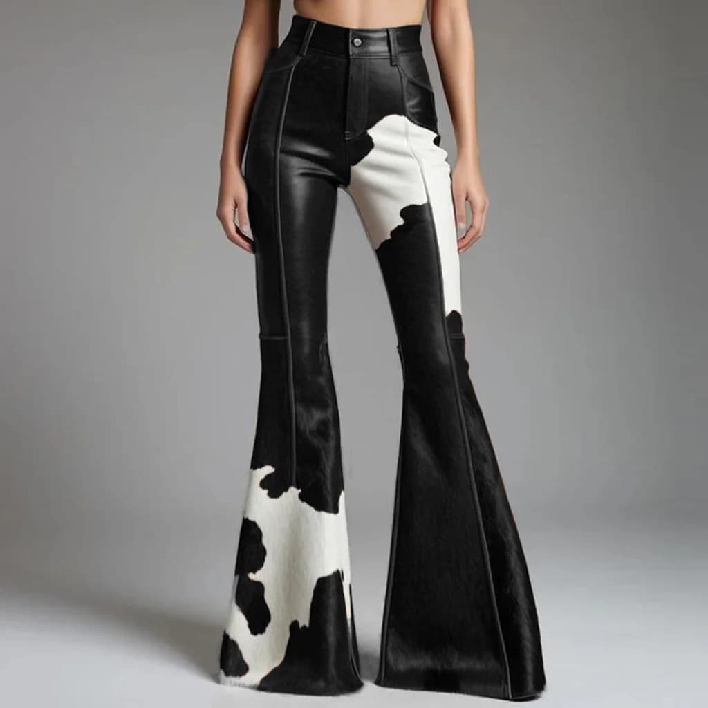Pantalon évasé en cuir PU à motif vache pour femme, taille haute, pantalon slim en simili cuir, mode